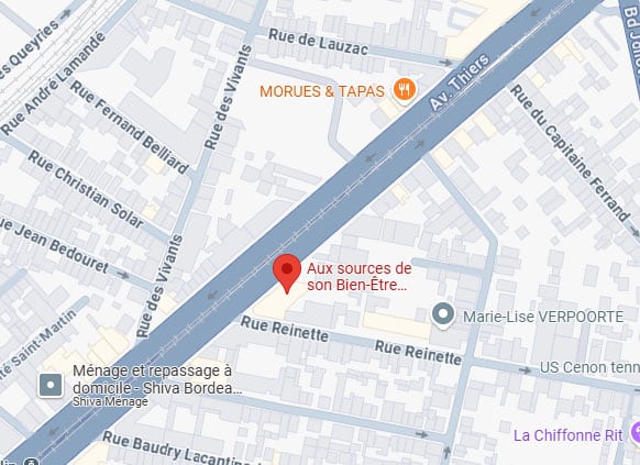 Carte de Cenon montrant Av Thiers, Rue des Vivants, Rue Reinette, avec commerces : MORUES & TAPAS, Aux sources de son Bien-Être, Shiva Ménage...